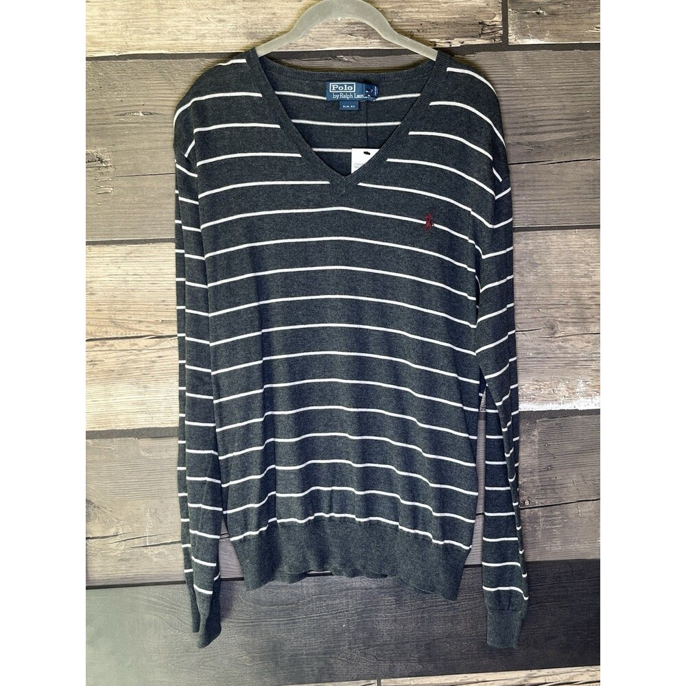 Polo Ralph Lauren Sweater Large Gray White Striped Light V-Neck Slim Pima New